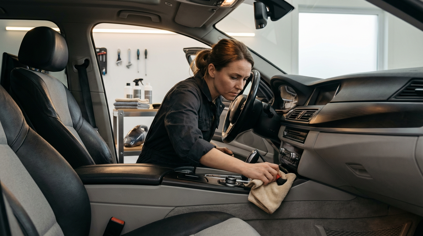 A woman cleaning the interior of a car in a garage, sitting on the gear shift console and wiping down the dashboard with a cloth.