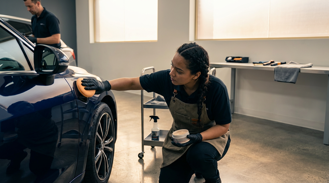 A woman in black gloves cleaning a blue car with a sponge in a garage, with a man in the background working on another car.