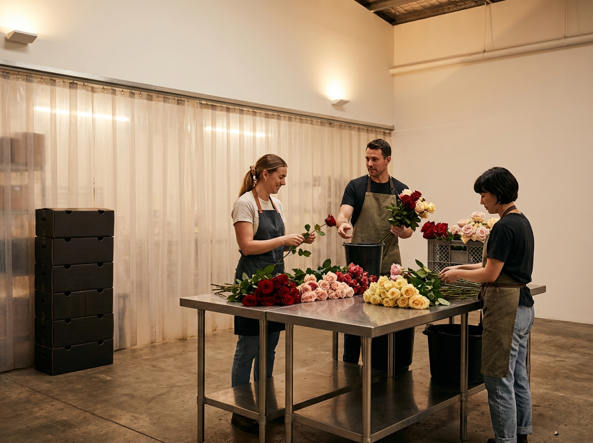 Three people working together on floral arrangements at a stainless steel table. They are wrapping and arranging pink, red, and yellow roses, with a backdrop of sheer curtains and industrial-style walls.