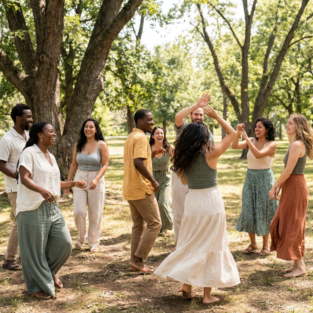A group of diverse people dancing and celebrating outdoors in a park under trees, smiling and enjoying each other's company.