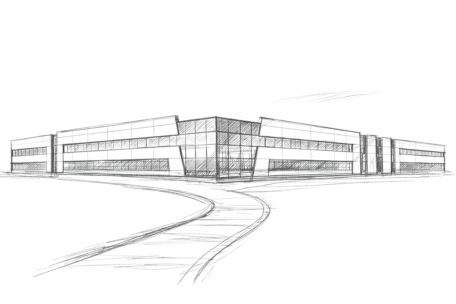 Architectural sketch of a modern, multi-story building with angular design and extensive glass windows, surrounded by a curved driveway.