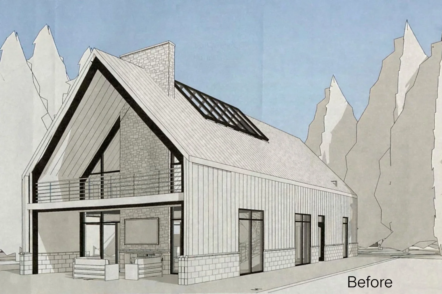 Architectural drawing of a two-story house with a pitched roof, large windows, a balcony, and a yard, set against a backdrop of mountains.