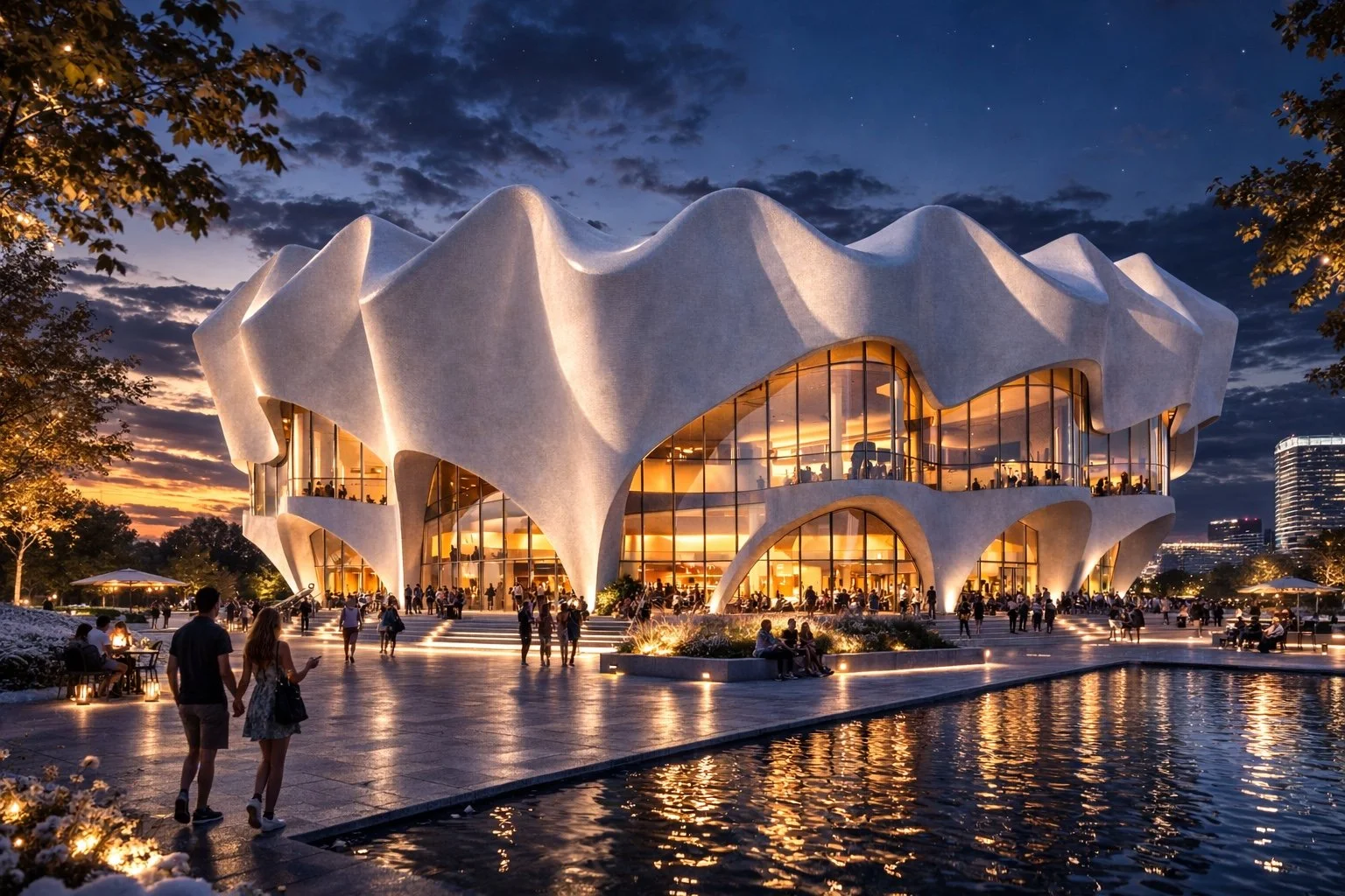 The Jerry and Margie Seckler Building, also called The Twist, at the Museum of Fine Arts in Houston, Texas, during twilight, featuring modern architecture with a wavy, white exterior and glass windows, surrounded by people, trees, and a reflecting pool.