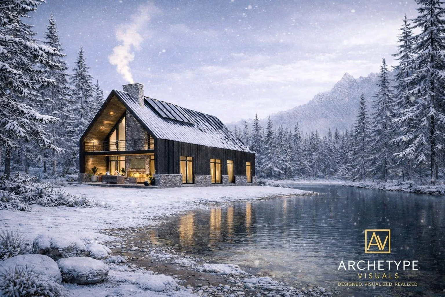 A modern cabin with a sloped roof and large windows, situated by a snowy river in a winter forest, with tall pine trees and mountains in the background.