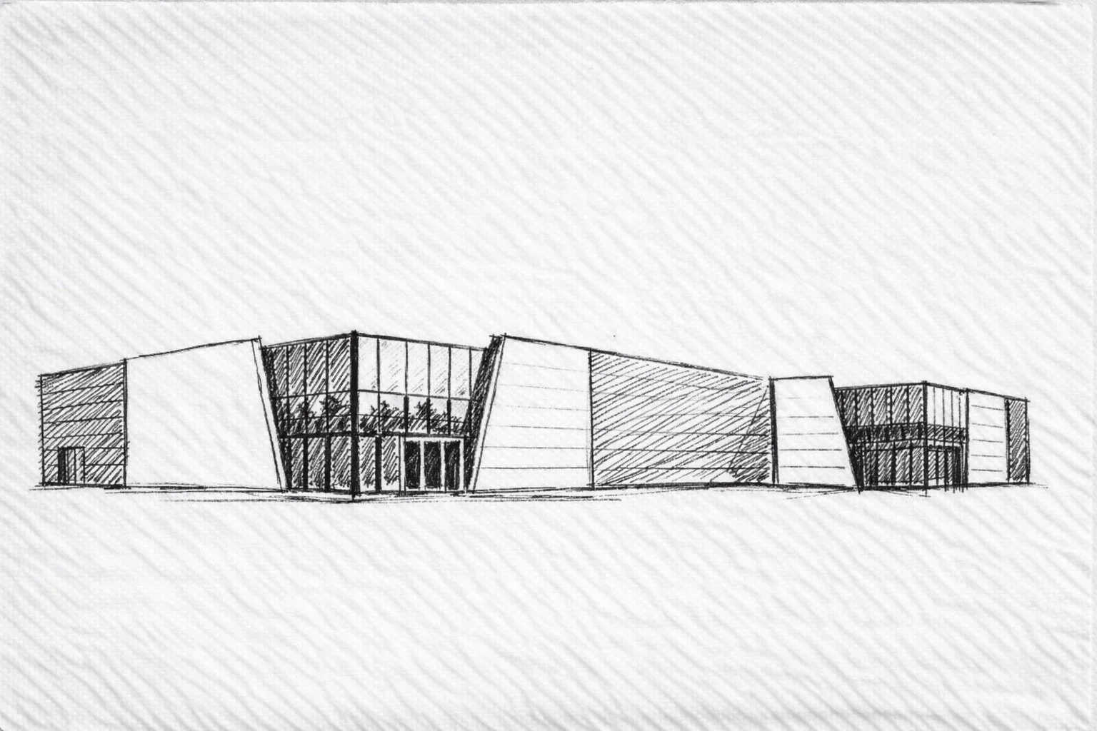 A black and white architectural sketch of a modern building with geometric shapes and large glass windows.