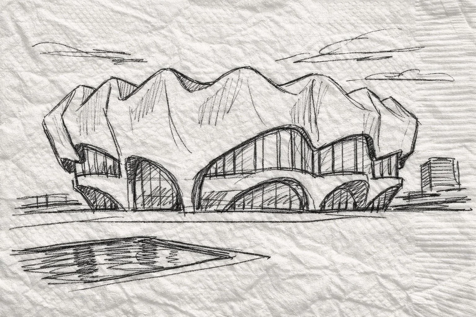 A hand-drawn sketch of a mountain range with an arch bridge in the foreground and a city building to the right.