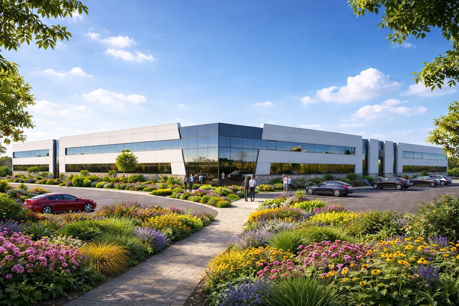 Modern glass office building with landscaped garden and parking lot in sunny weather.