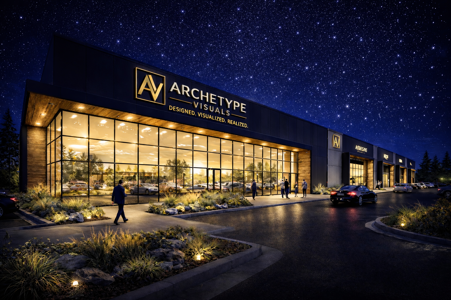 Nighttime exterior view of Archetype Visuals building with large glass windows and illuminated sign, under a starry sky, with cars parked and people walking.