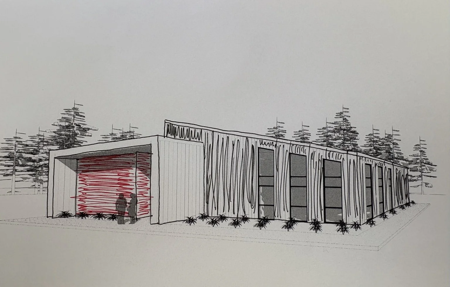 Architectural sketch of a modern building with a red entrance, surrounded by trees and landscaping.