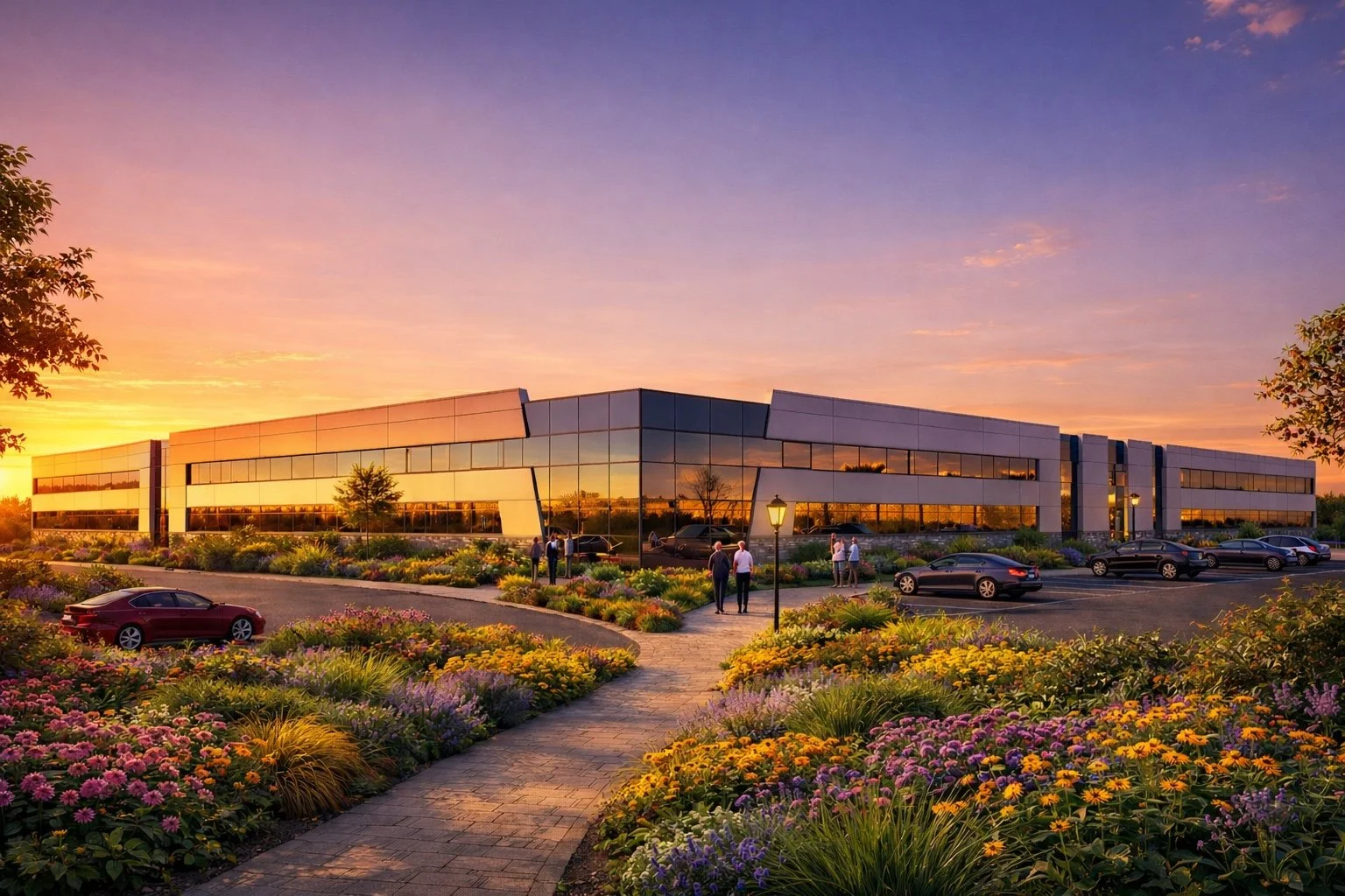 Modern commercial building with large glass windows reflecting the sunset, surrounded by colorful flower gardens and parked cars, with a few people walking and talking outside during sunset.