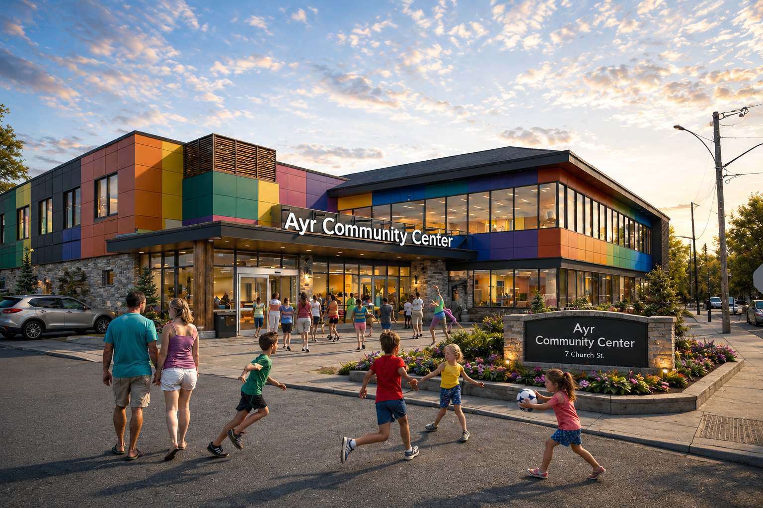 Colorful modern building labeled 'Ayr Community Center' with people, including children, playing in front and entering the building during sunset.