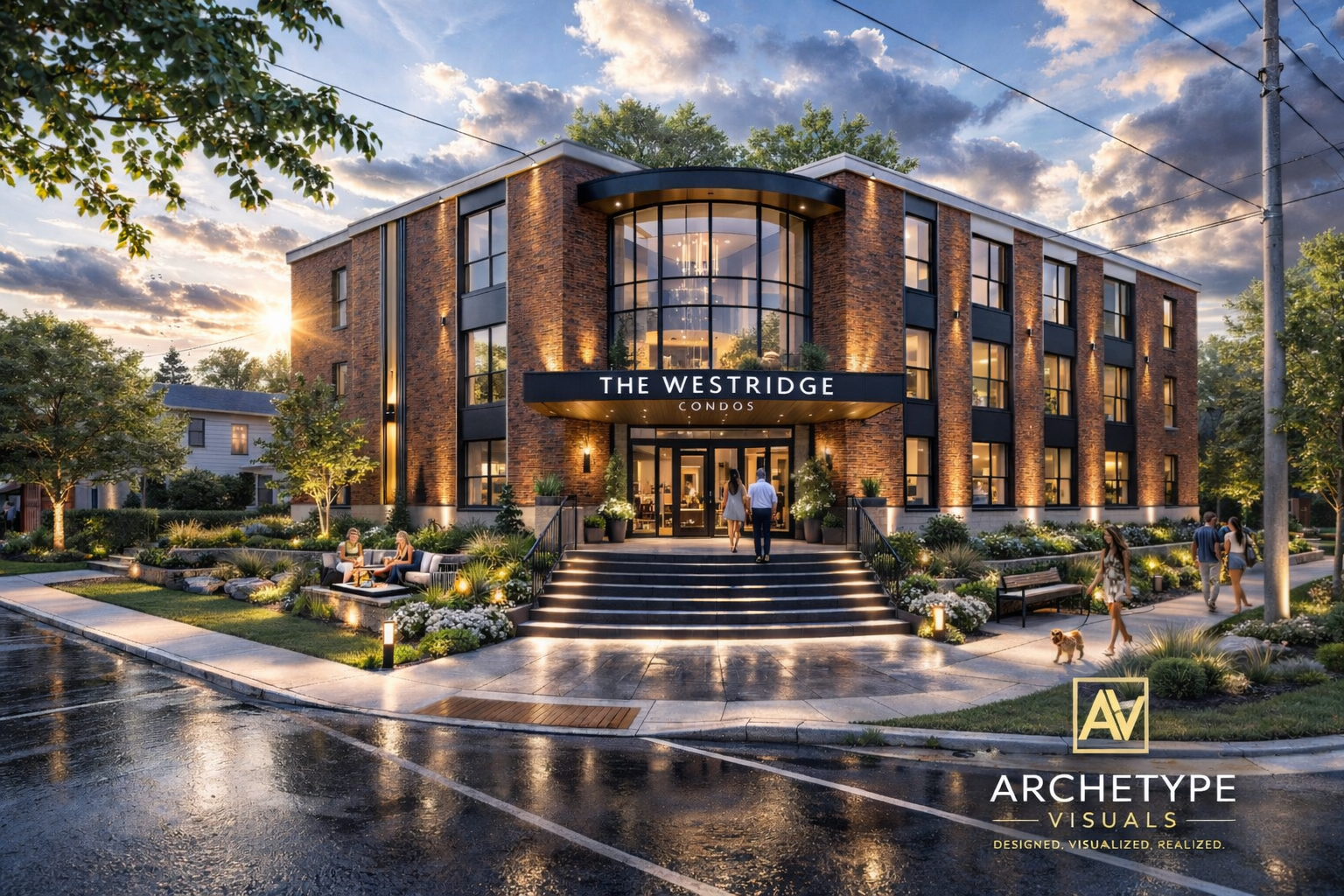 A modern brick condo building called 'The Westridge Condos' during sunset with exterior lighting, featuring large glass windows, surrounded by a landscaped garden, and a few people walking on the sidewalk and sitting outside.