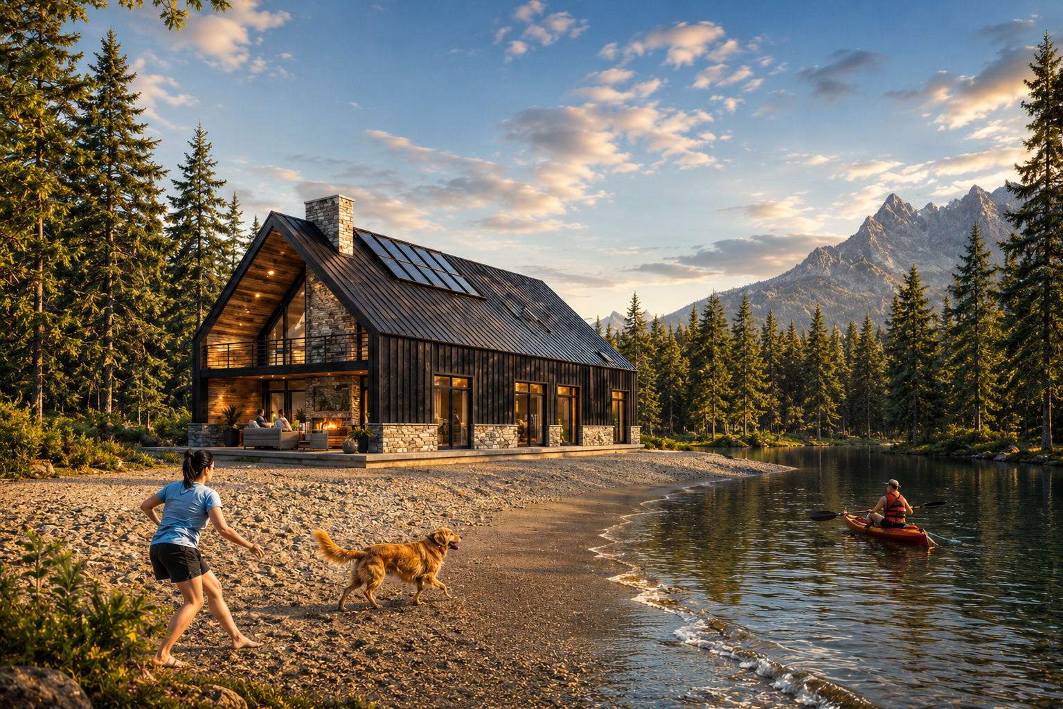 A house on the water's edge surrounded by pine trees, with mountains in the background. A child and a dog are playing on the beach, and a person is kayaking nearby.