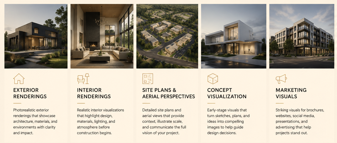 A presentation slide showing five sections about architectural project visuals. The sections are 'Exterior Renderings' with a photo of a modern house, 'Interior Renderings' with a photo of a living room, 'Site Plans & Aerial Perspectives' with an aerial view of a residential area, 'Concept Visualization' with a contemporary white house, and 'Marketing Visuals' with a multi-story apartment building.