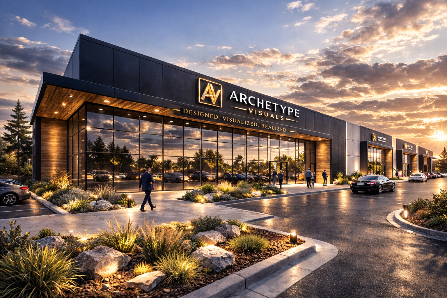 Modern commercial building with reflective glass windows, illuminated signage reading 'Archetype Visuals' and design tagline at sunset, with a parking lot, landscaped plants, and pedestrians walking.