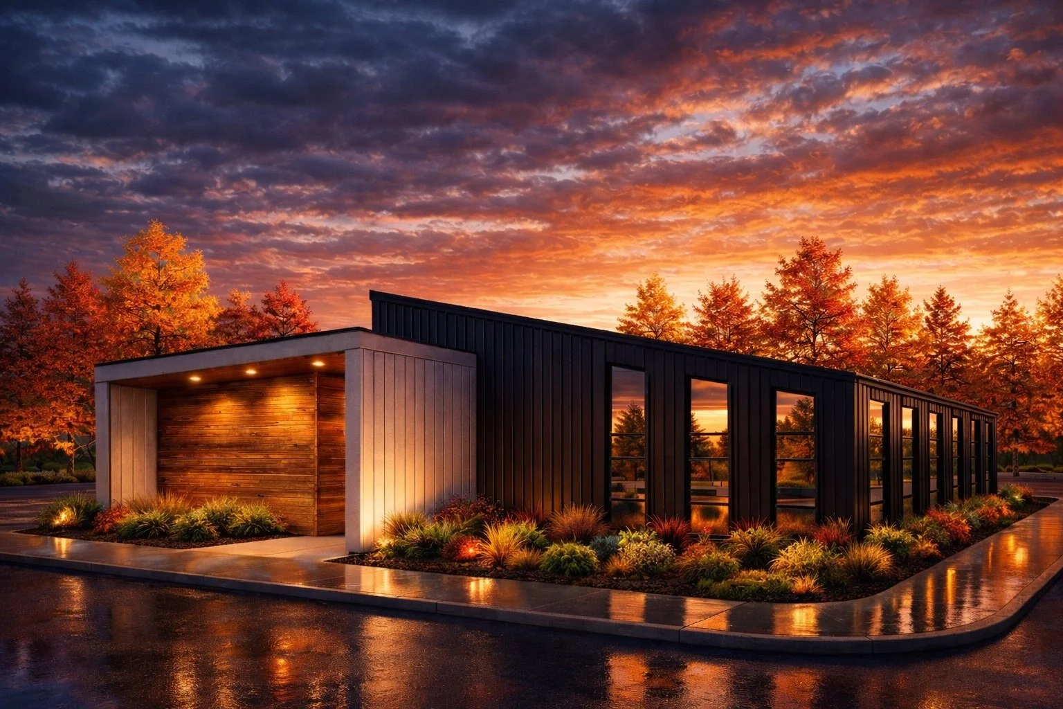 Modern building with vertical black slats and a section with white and wood paneling, surrounded by landscaped plants and lit by embedded lights at sunset with colorful sky and trees in the background.