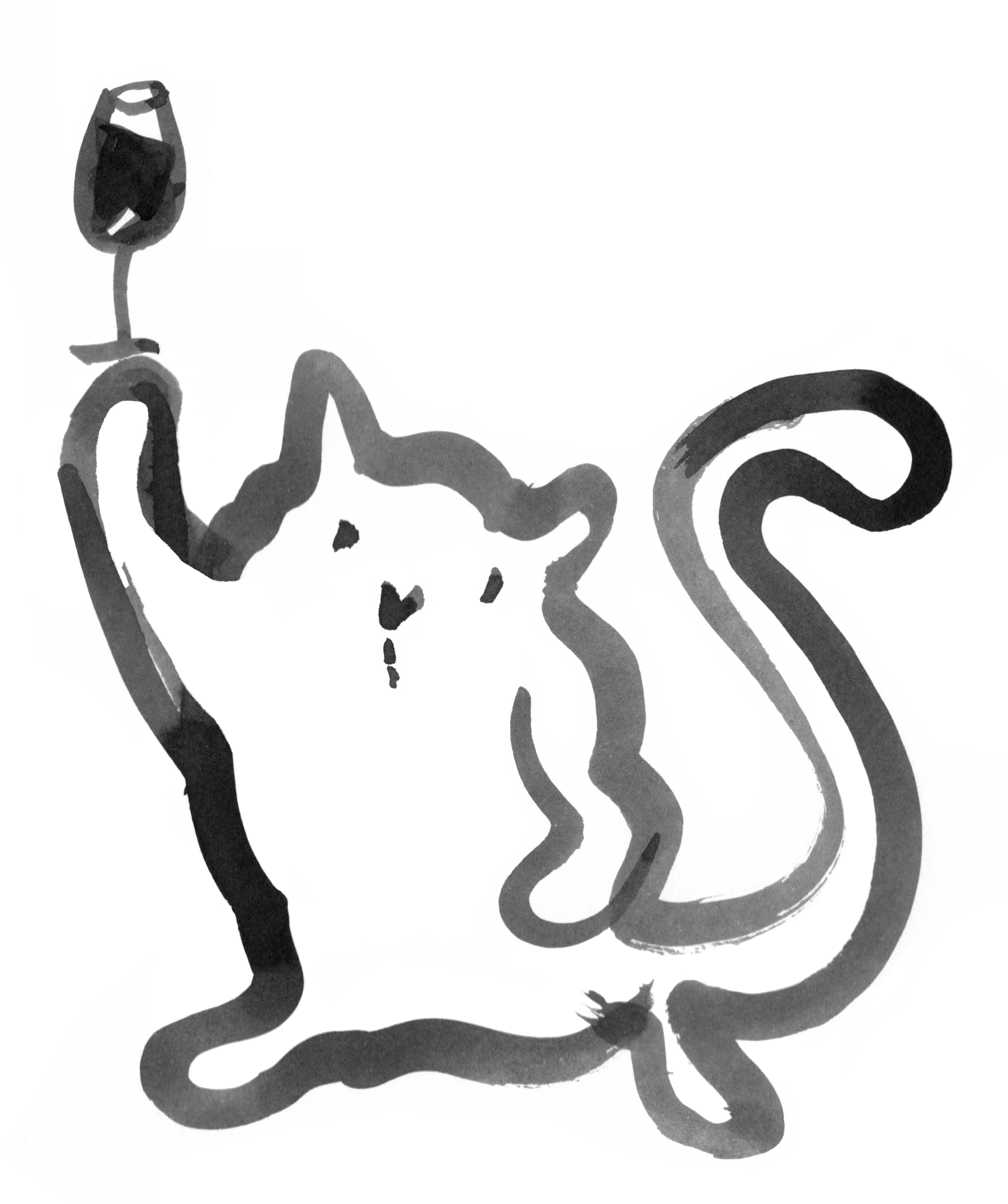 Sort-hvid illustration af en stregtegnet kat, der sidder med halen snoet omkring sine fødder.