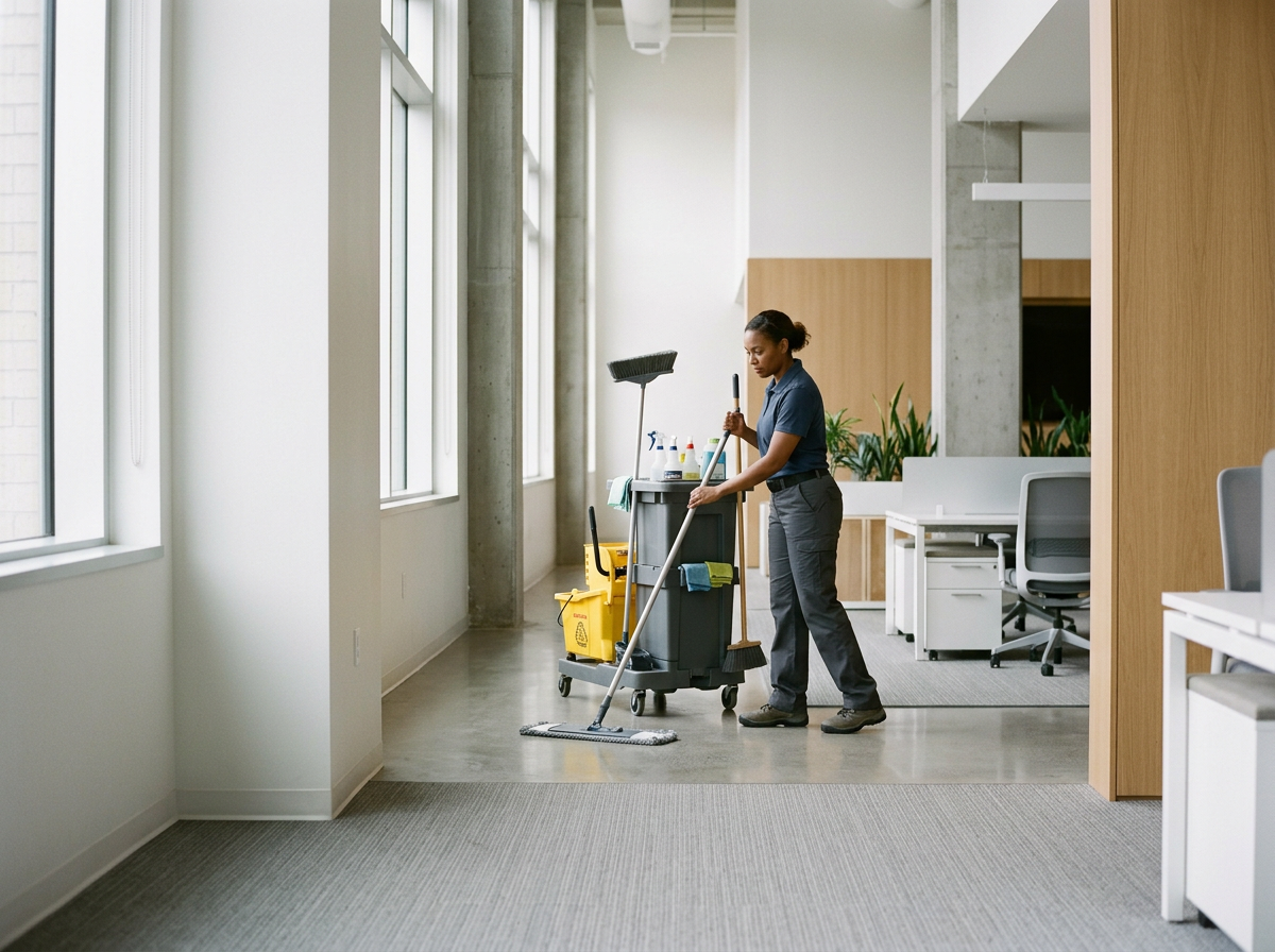 A woman cleaning an office with a mop and bucket in a modern, well-lit workspace.