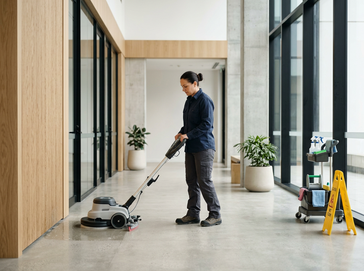 A woman cleaning the floor with a floor cleaning machine in a modern indoor space with large windows and potted plants.
