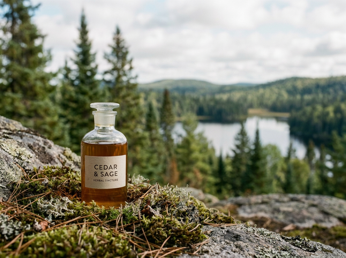 A small glass bottle labeled 'Cedar & Sage Herbal Tincture' placed on moss and rocks, with a forest and lake in the background under a cloudy sky.