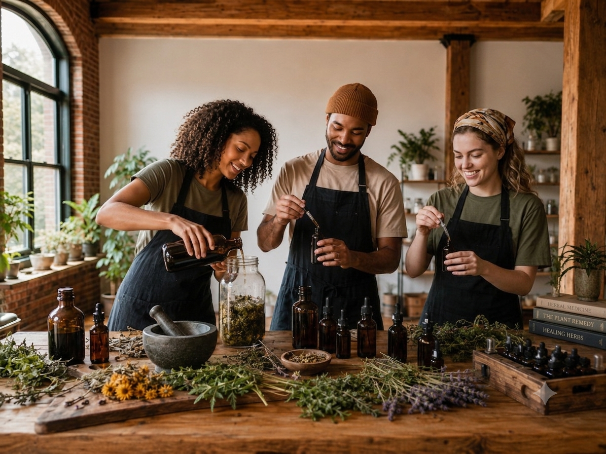 Three people making herbal remedies in a bright, cozy kitchen. They are wearing aprons and are handling bottles and herbs, with various plants and herbal ingredients on the wooden table.