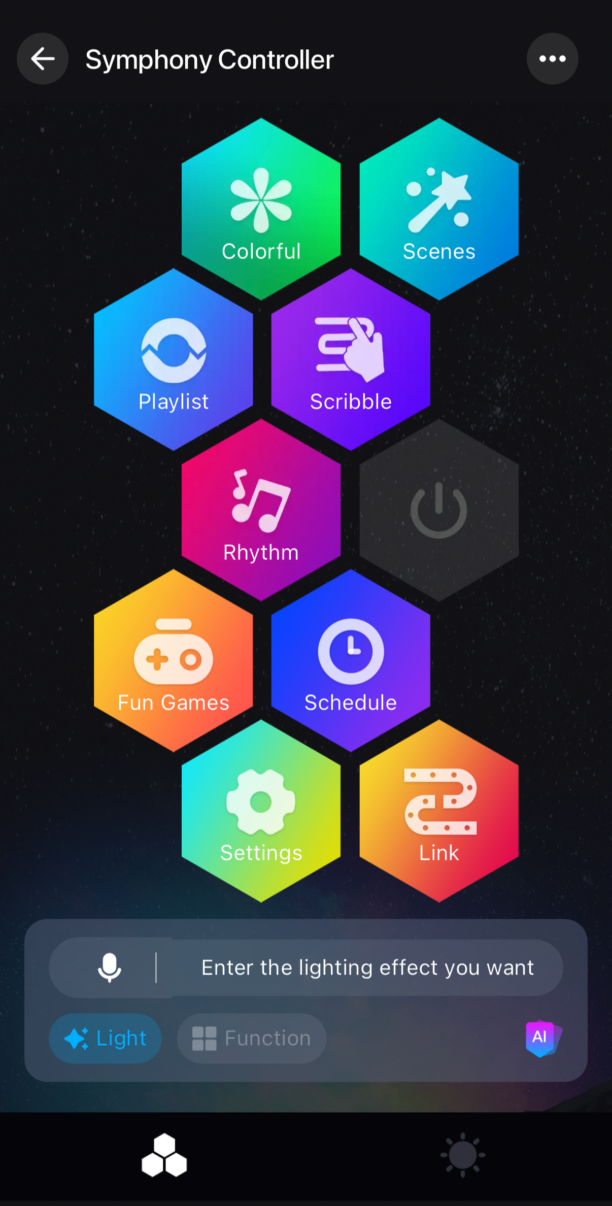 Screenshot of a mobile app interface for a 'Symphony Controller' with colorful hexagon buttons labeled Colorful, Scenes, Playlist, Scribble, Rhythm, Fun Games, Schedule, Settings, and Link. The background features a starry space theme.
