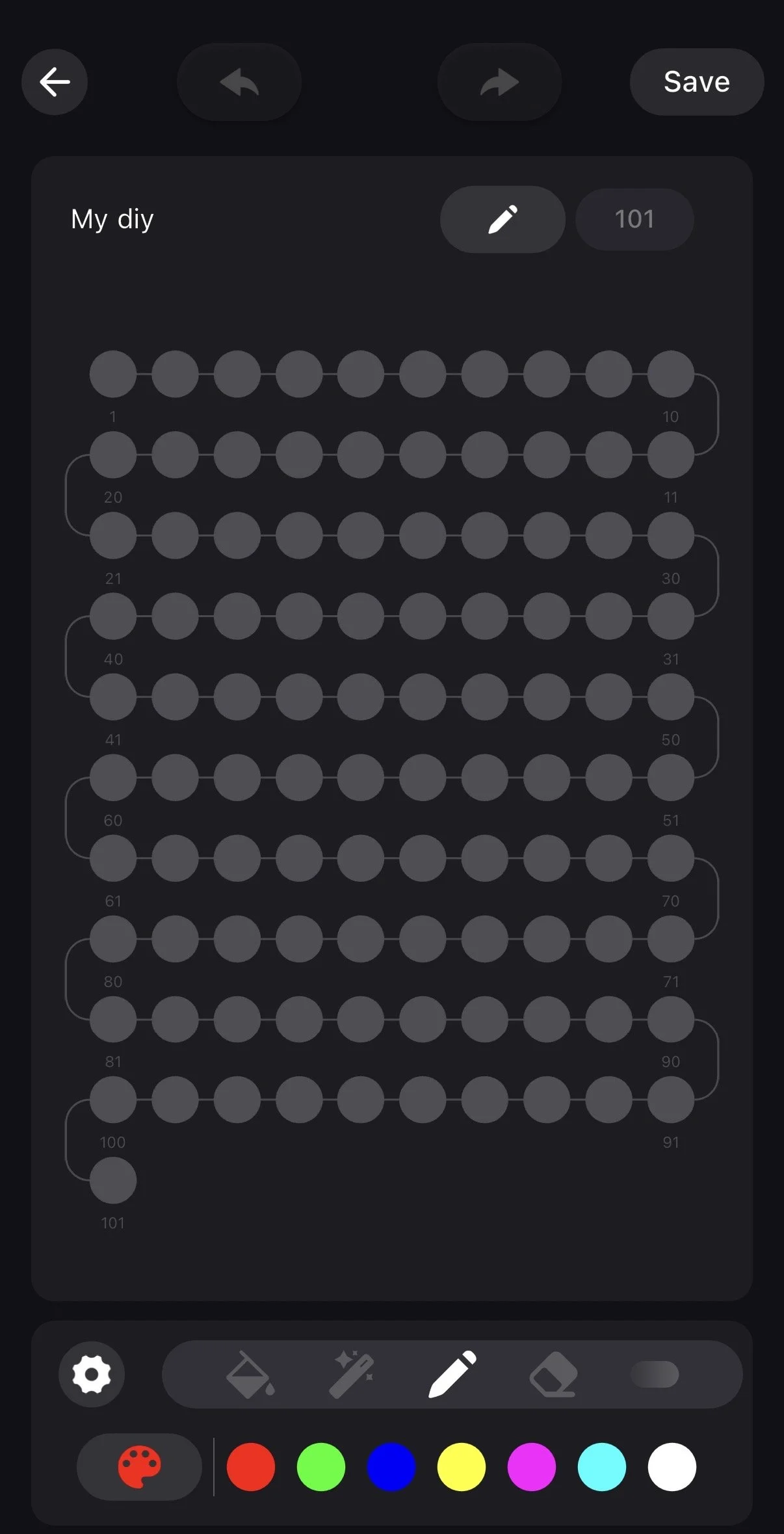 Screenshot of a digital bead weaving pattern labeled 'My diy' with numbered rows and columns, featuring various sequence options and color palette at the bottom.