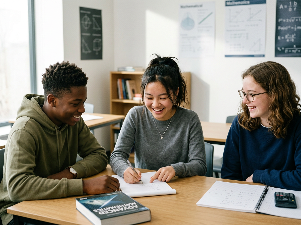 Three smiling students sit at a table in a classroom, working together with textbooks, notebooks, and a calculator, surrounded by educational posters on the wall.