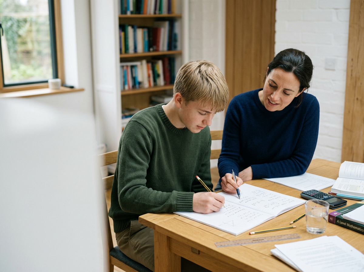 A woman helping a teenage boy with his homework at a wooden table in a study room.