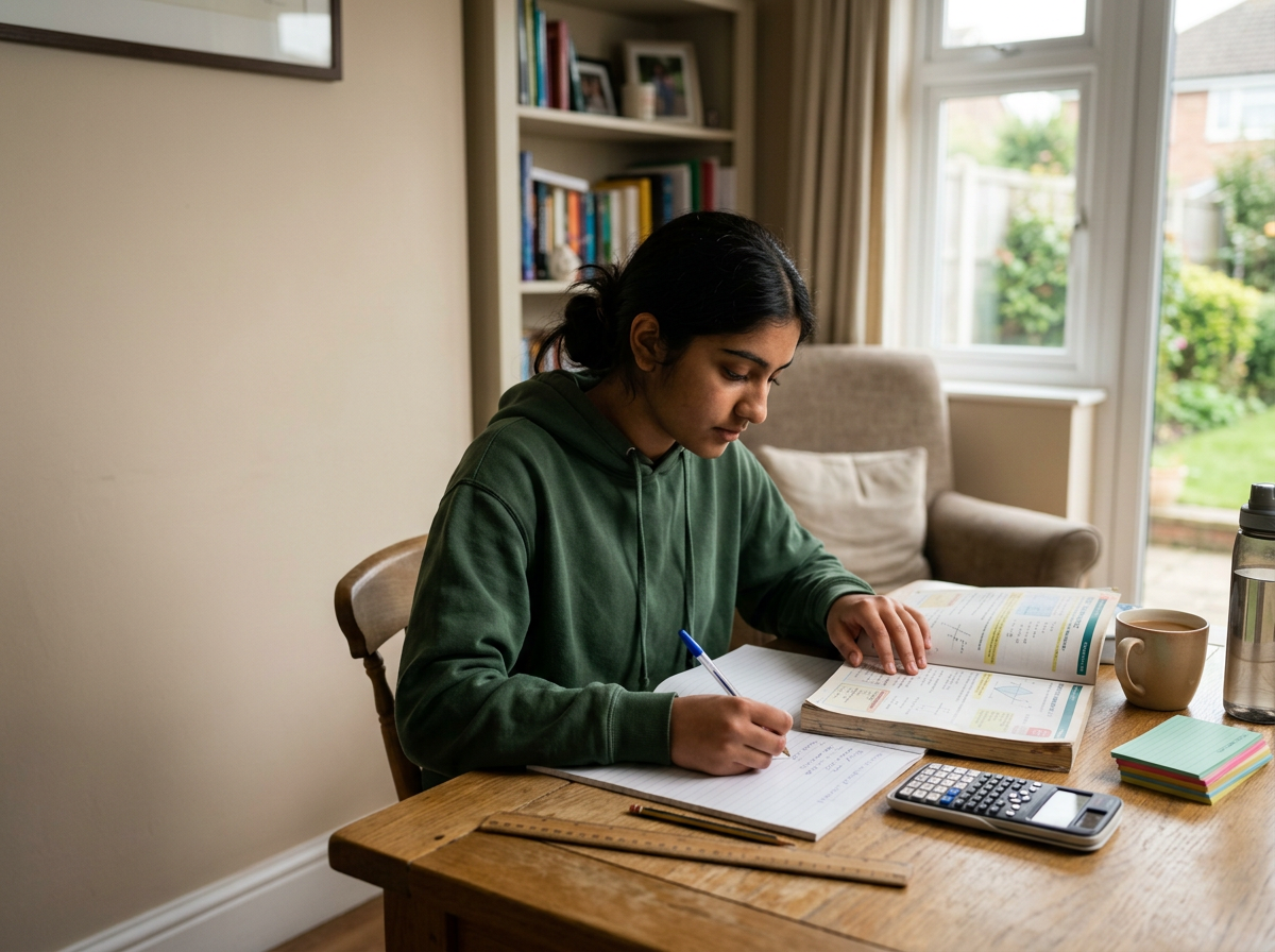 A young woman studying at a wooden table with books, a notebook, a calculator, a ruler, sticky notes, a thermos, a mug, and a window with a garden view in the background.