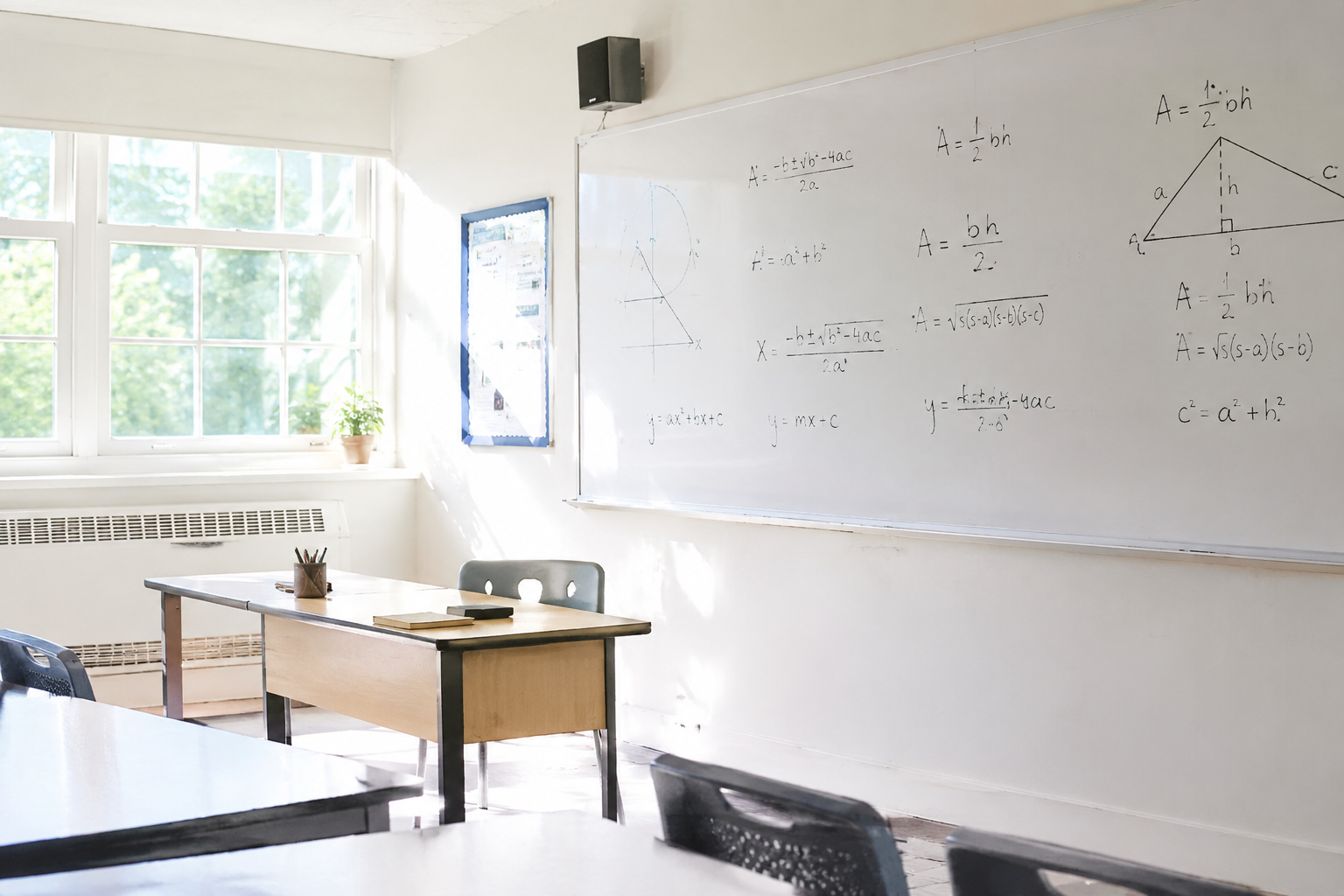 Empty classroom with a whiteboard filled with mathematical formulas and diagrams, a desk with books and pencils, and chairs near a window with sunlight streaming in.