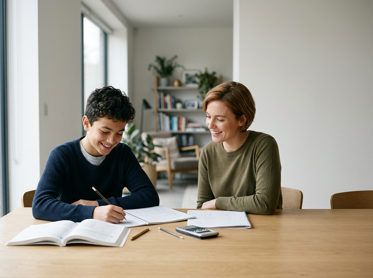 A woman and a young boy study together at a wooden table, smiling. The boy is writing in a notebook, with open books and a calculator on the table.