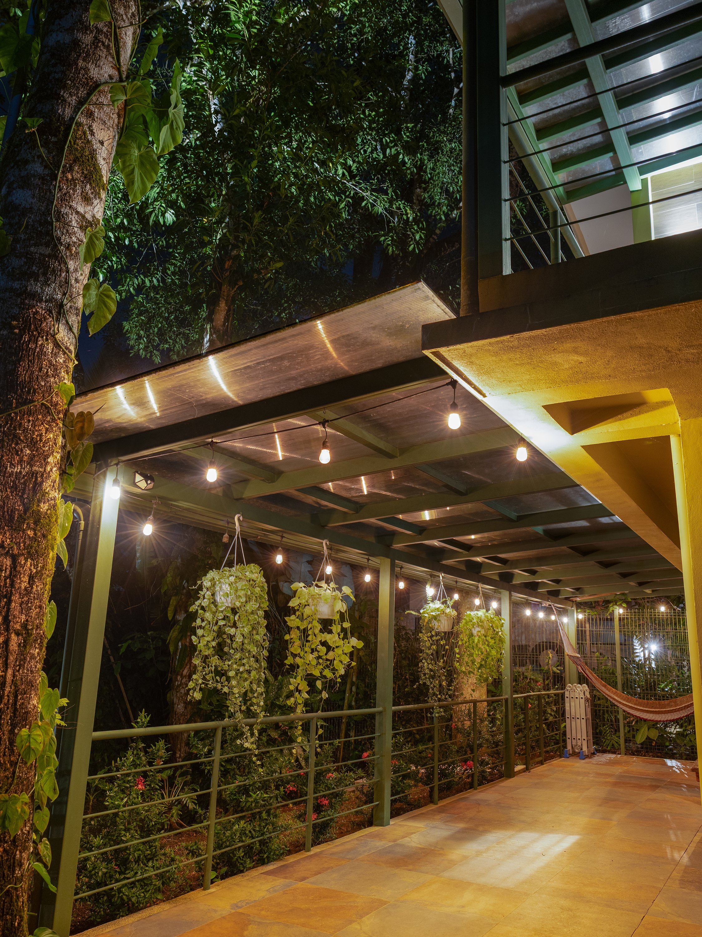 Night view of an outdoor patio area with hanging plants, string lights, and lush greenery, including a large tree, under a roof with wooden beams and green-painted metal framing.