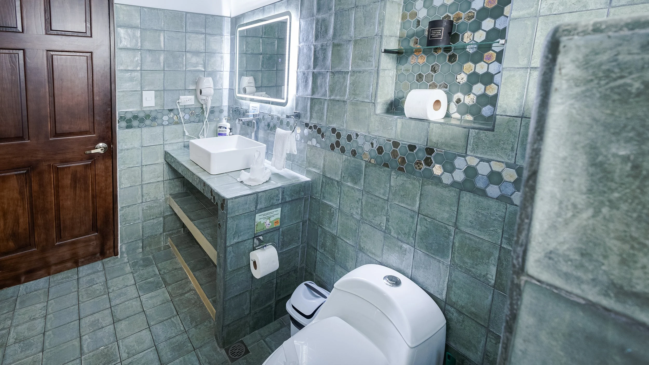 A bathroom with green tiled walls, a wooden door, a white sink with a mirror above it, a wall-mounted hairdryer, a toilet with a cover, and a bin. There is a paper towel dispenser on the wall and a shelf with a roll of toilet paper.