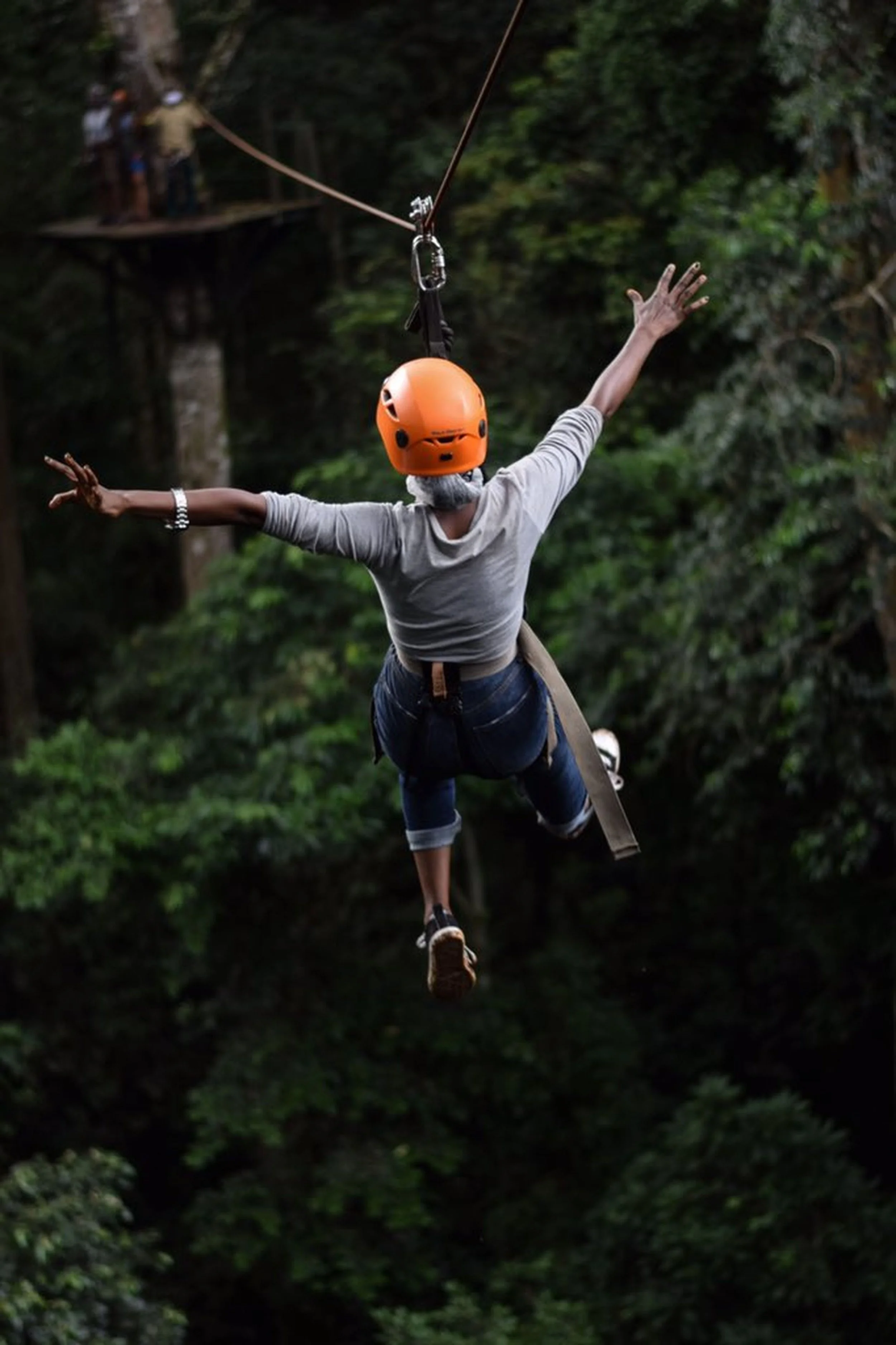 Person wearing an orange helmet and gray shirt is mid-air during a zip-lining activity in a forest, with trees and a platform with people in the background.