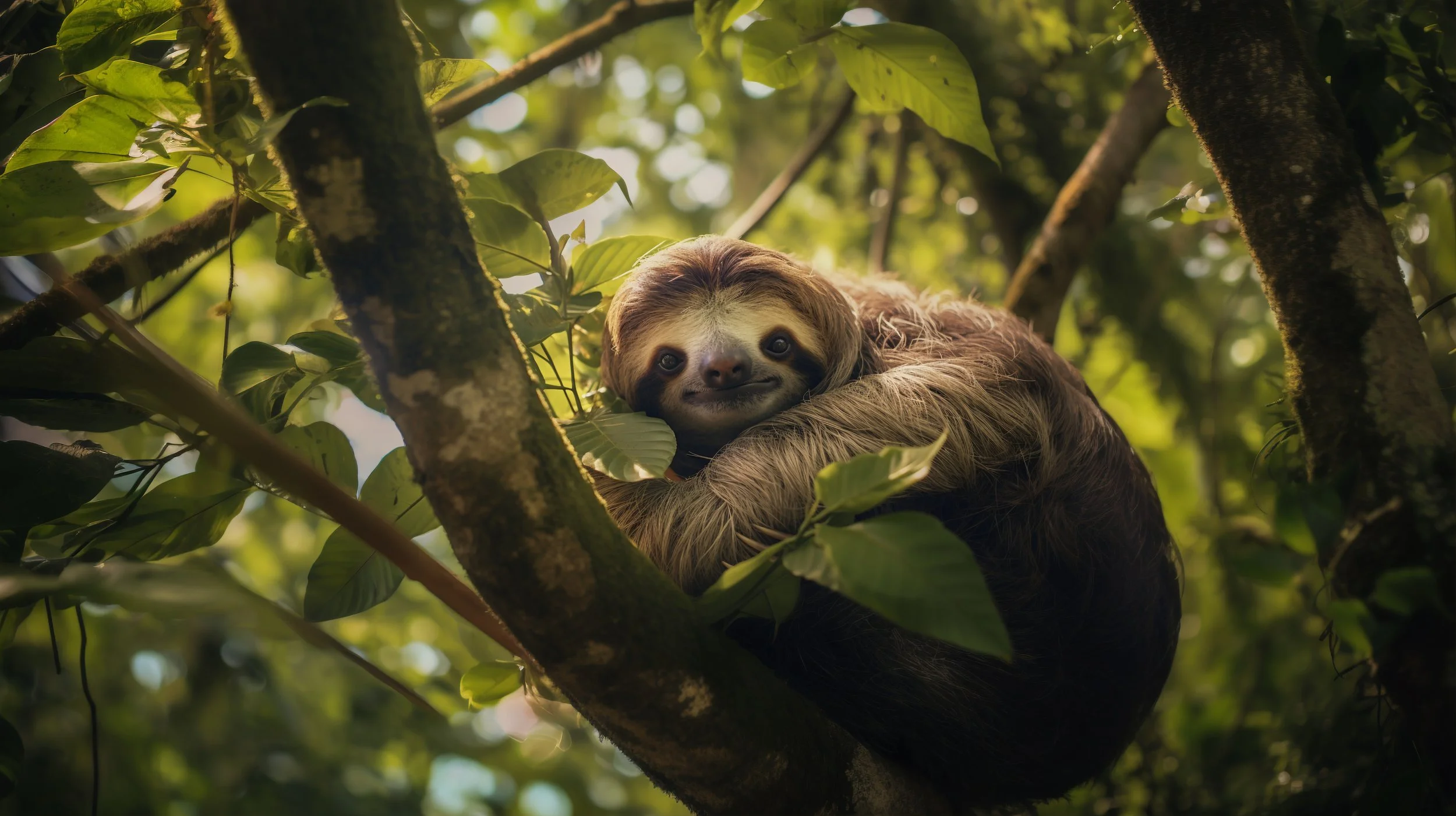 A sloth resting on a tree branch surrounded by green leaves, looking directly at the camera in a forest setting.