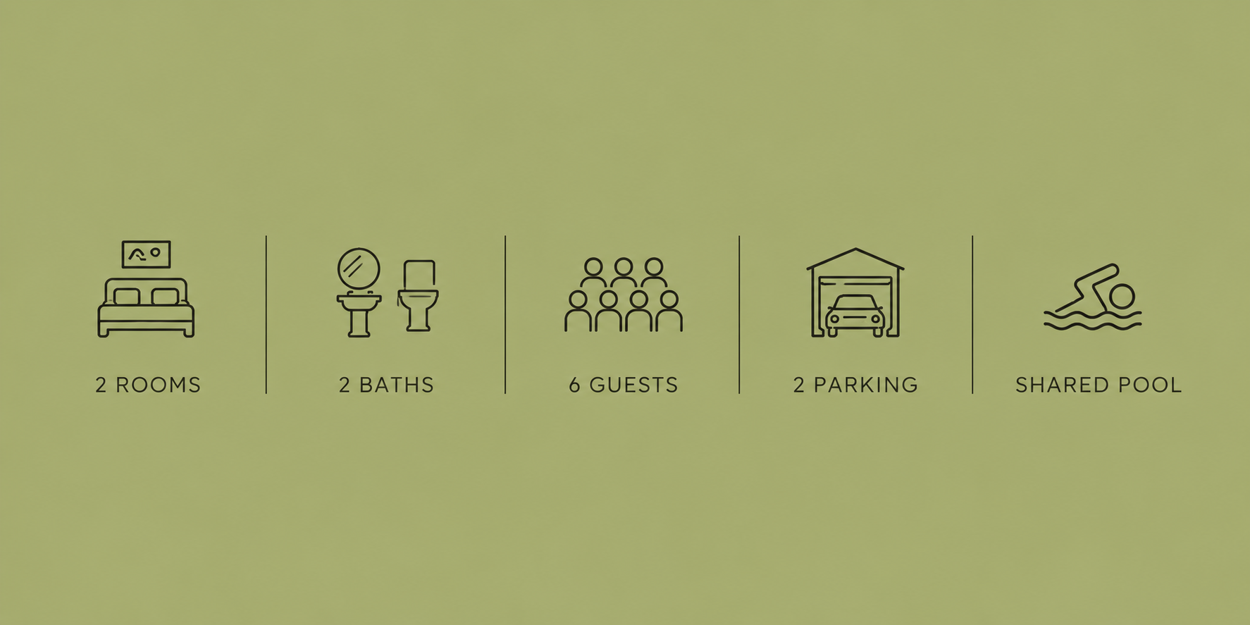 Simple infographic showing amenities for a property: 2 rooms, 2 bathrooms, 6 guests, 2 parking spots, shared pool.