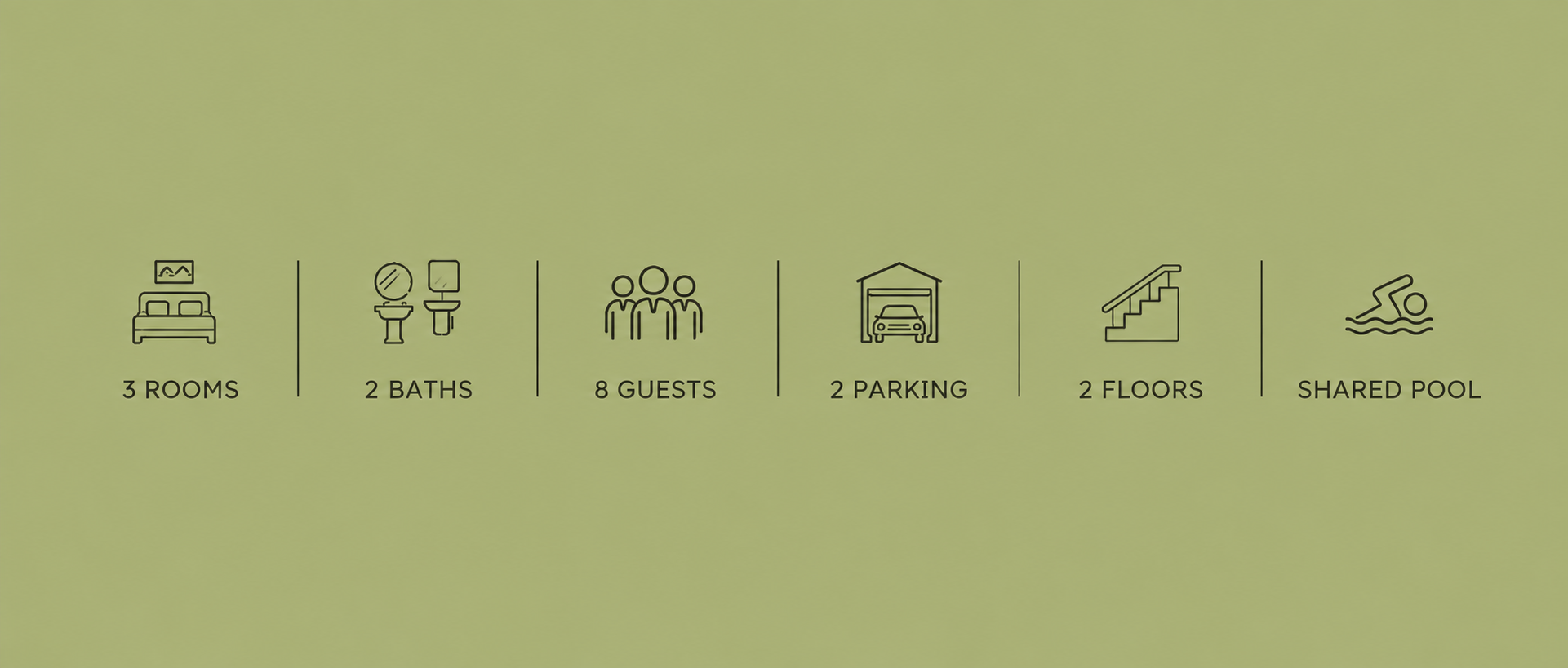 Information graphic with icons and text listing property features: 3 rooms, 2 bathrooms, 8 guests, 2 parking spaces, 2 floors, shared pool.