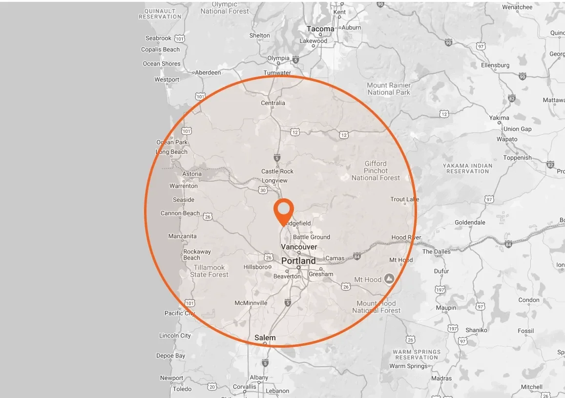 Map of the Portland, Oregon area with a large orange circle centered on Ridgefield, Washington.