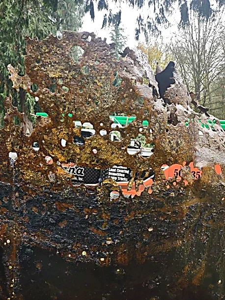 Close-up of a rusty, corroded metal object with holes, set outdoors with trees in the background.