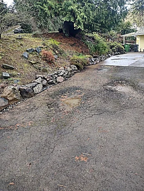 A cracked asphalt driveway with patches of water, bordered by a sloped garden bed with rocks and bushes, and a tree in the background.