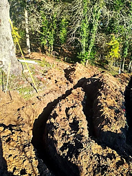 A large soil trench or excavation in a wooded area with trees and green foliage in the background.