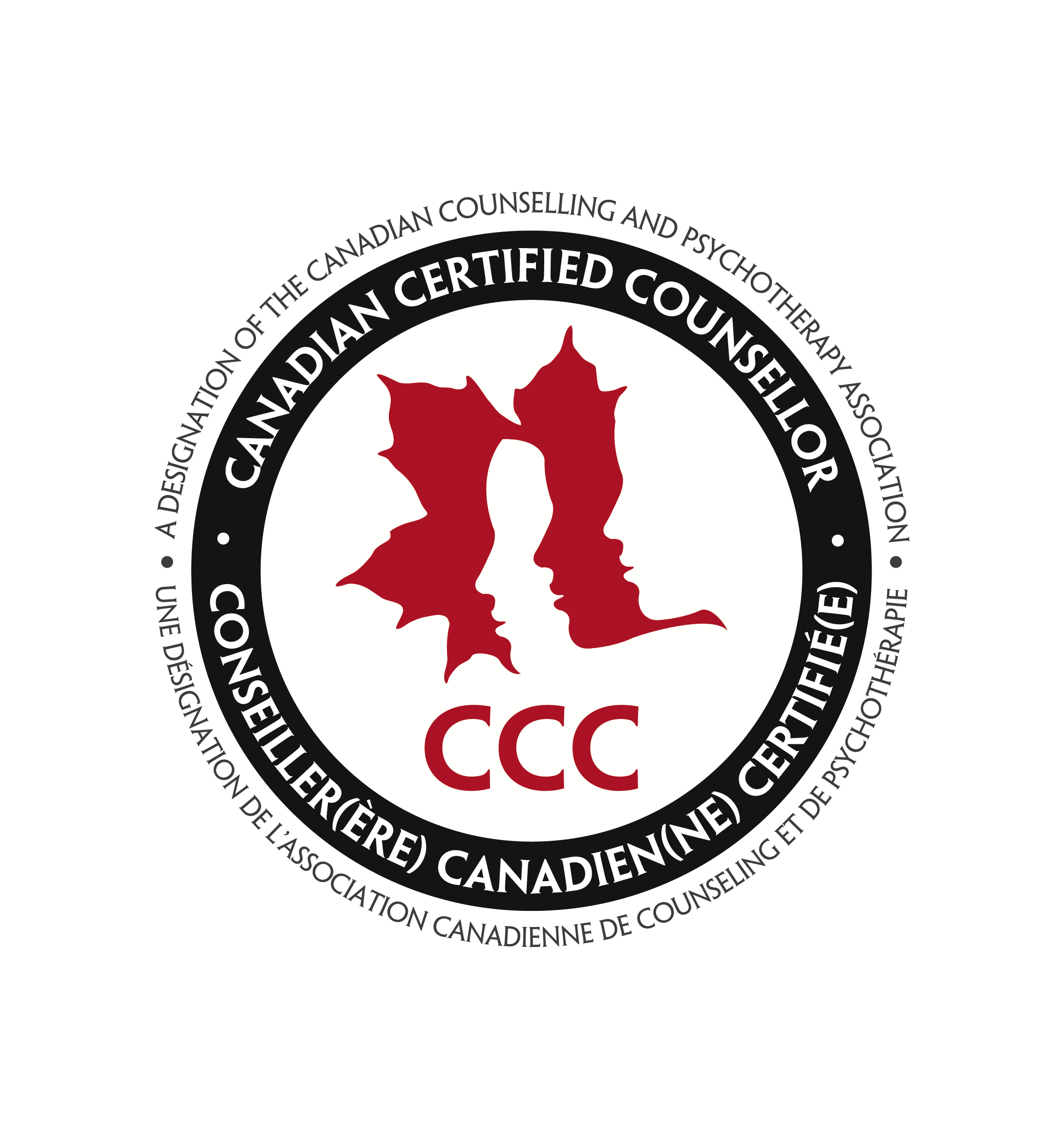 A circular logo for the Canadian Certified Counsellor (CCC) certification, featuring a red maple leaf in the center and black and white text around it with phrases in French and English.