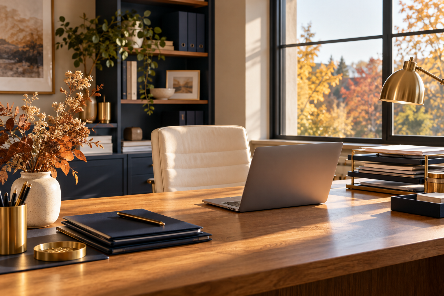 Organized autumn office with an oak desk, laptop, navy folders, and gold desk lamp