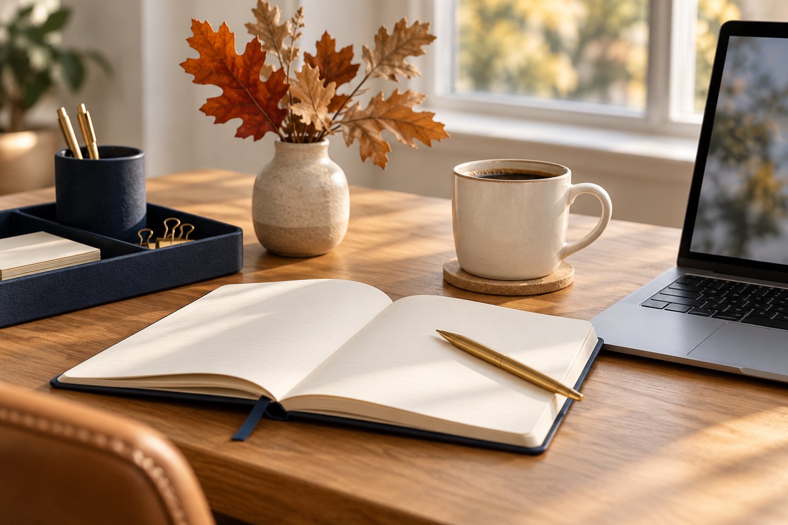 Autumn workspace with an open notebook, laptop, coffee mug, and dried leaves on a wooden desk