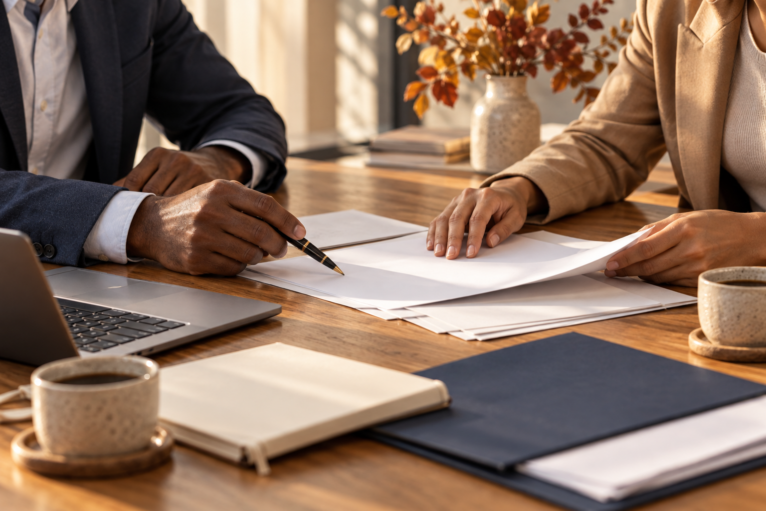 Professionals reviewing business documents at an autumn workspace with navy folders and coffee