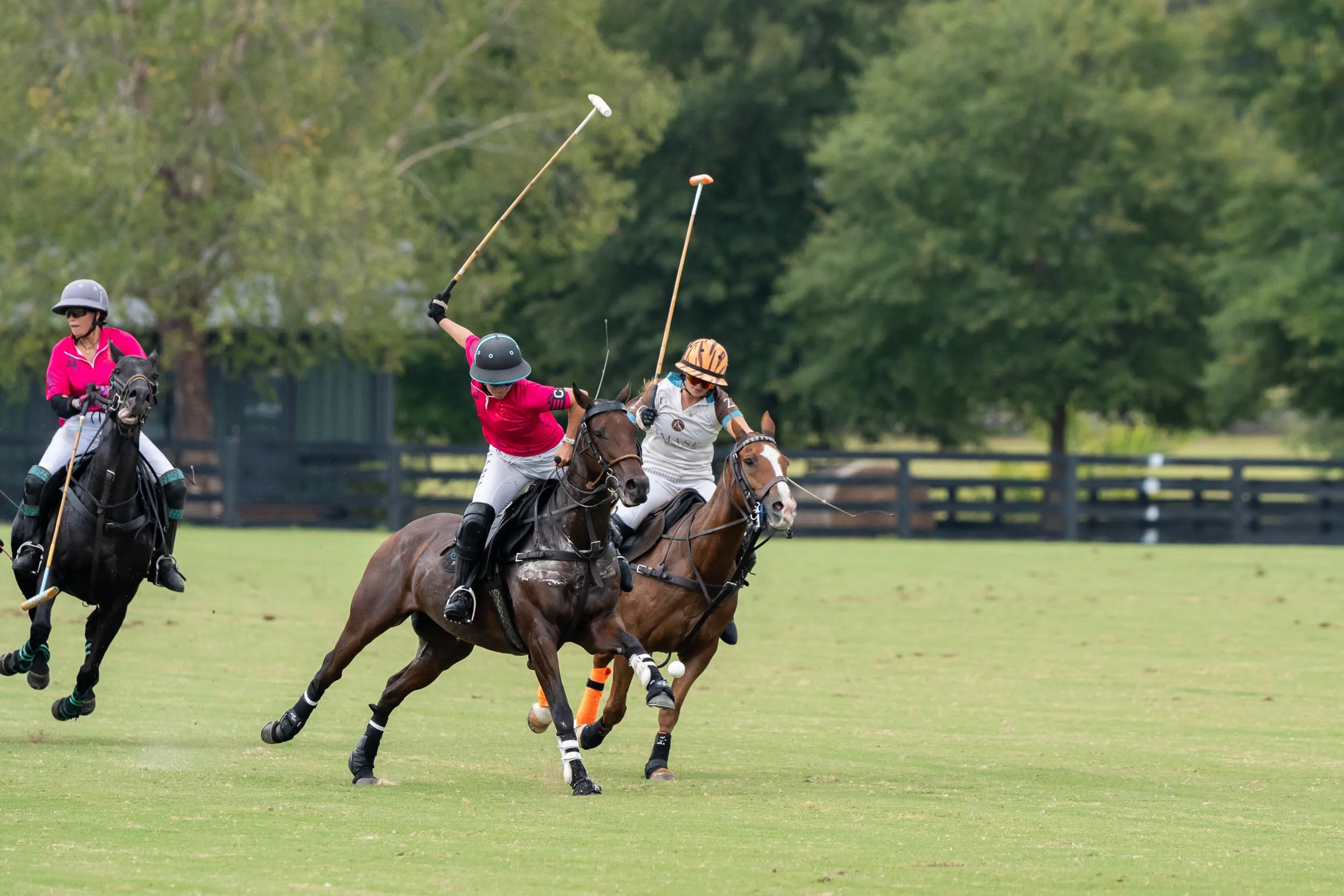 Polo players on horseback competing on a grassy field, swinging mallets at the ball.
