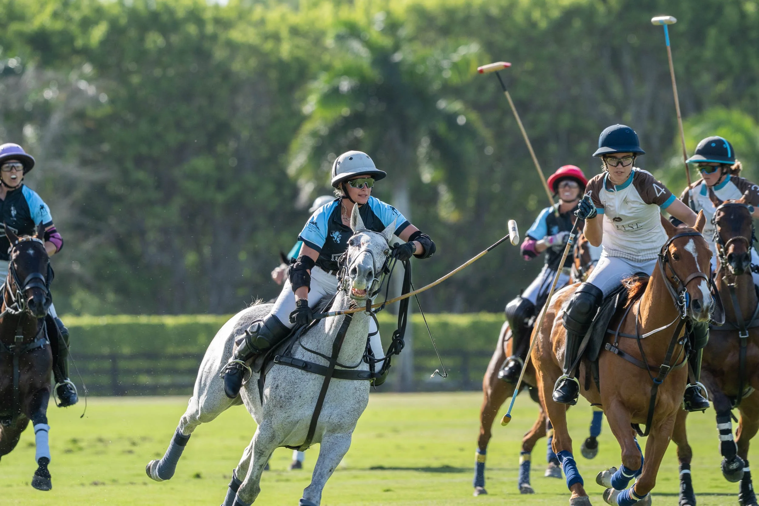 Women playing polo on horseback, wearing helmets and sports attire, with some holding mallets, on a grassy field with trees in the background.