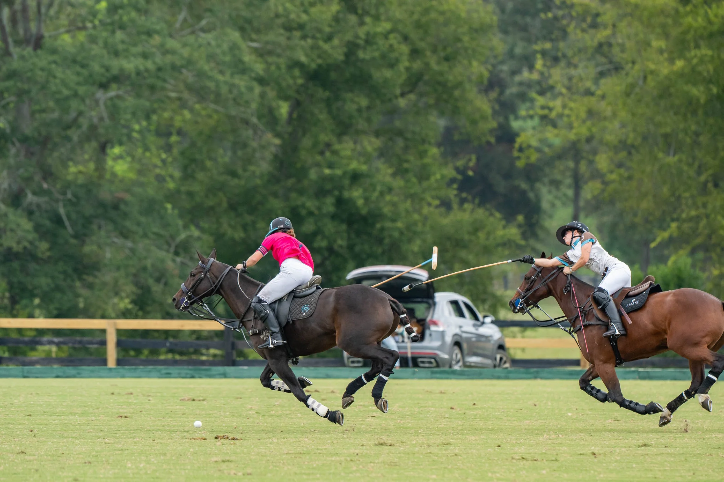 Two polo players on horseback competing for the ball on a grass polo field.