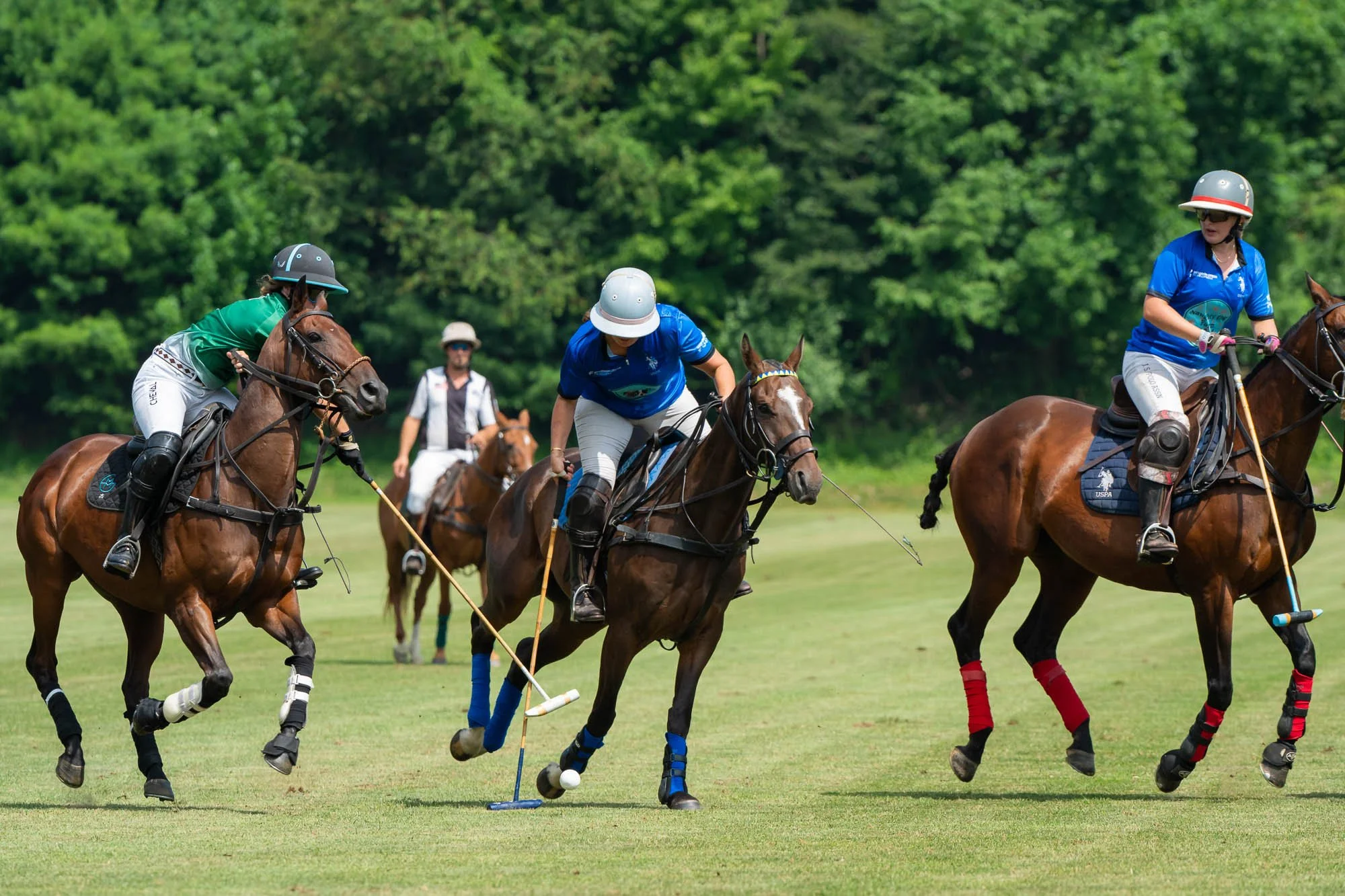 Women wearing helmets and sports shirts play polo on horseback on a grassy field with trees in the background.